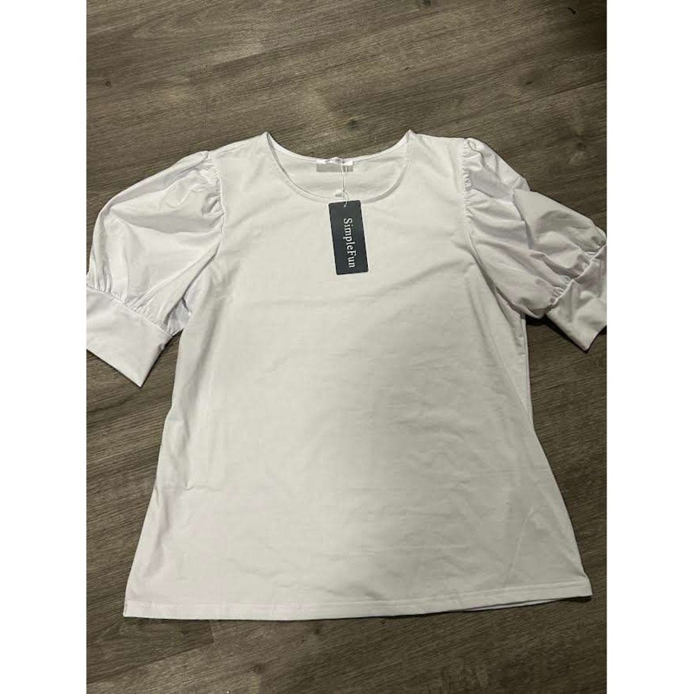 SimpleFun Women White Puff Short Sleeve Round Neck Blouse Top Lg New Modern